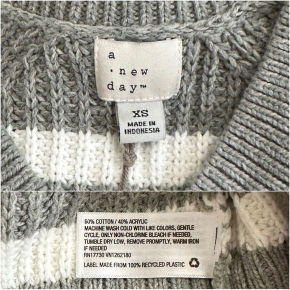 A New Day Gray Striped V-Neck Balloon Sleeve Pullover Chunky Knit Sweater XS - Picture 5 of 5